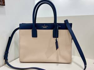 ◆【ほぼ未使用】kate spade ケイトスペード 2WAY トートバッグ ネイビーxベージュxホワイト