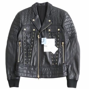 未使用品●17SSランウェイ着用 BALMAIN バルマン S7H2011P016 レザー レースアップ ライダースバイカージャケット 黒 44 伊製 正規品