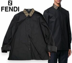 国内正規品 FENDI FS0571 A4S6 襟ズッカ コットン長袖シャツ フェンディ FF COTTON L/S SHIRT 42 イタリア製 参考価格115,500円 黒 42 FM-8