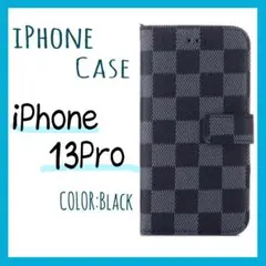 アイフォンケース 黒 iPhone13pro ケース 手帳型 格子柄 大容量