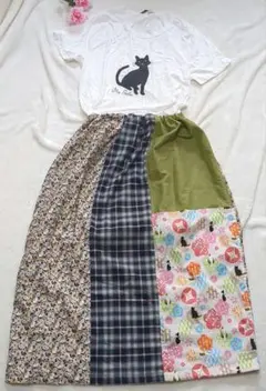 【ハンドメイド】個性的ロングスカート!猫柄、チェック、花柄、大きいサイズ
