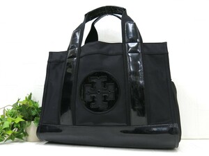 TORY BURCH トリーバーチ◆エラ◆ナイロン エナメル パテント 本革◆ハンド トート バッグ◆ブラック G金具◆美品◆腕かけ◆肩掛け◆N7820