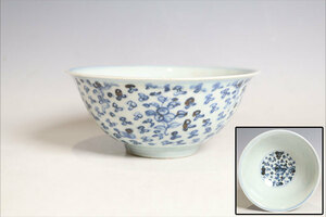 中国美術 青花花卉紋碗 南京染付茶碗（J457）
