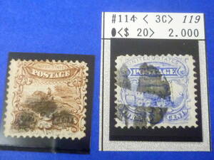 22L　A　№59　アメリカ切手　初期　1869年　SC#113-14　2c・3c　使用済　【SC評価 $96】