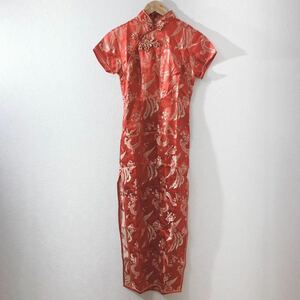 チャイナドレス チャイナ服　ロングワンピース 赤　刺繍　半袖　レディース　9号　S コスプレ キャバドレ 衣装