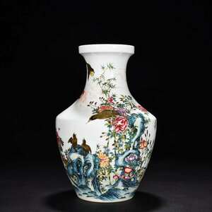 清時代 乾隆 琺琅彩 花鳥紋 盤口瓶 唐物 中国美術 工芸品 高さ29cm 直径19cm 【HB622】