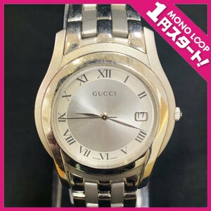 【5AT平04013F】1円スタート★GUCCI グッチ★メンズ 腕時計★5500M★QZ クォーツ 電池式★デイト★シルバー 白文字盤★ラウンドフェイス