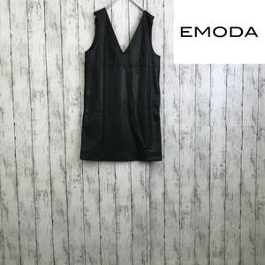EMODA　エモダ　ヴィーガンレザーボックスワンピース　Fサイズ　ブラック　一枚で着やすいように脇ポケットもプラス　S7-48　USED