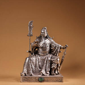 ▽鴻▽ 銅製 銀鍍 看書關公像 置物 古賞物 中国古玩 中国古美術
