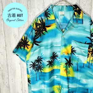 アロハシャツ　日本製　ビンテージ　レトロ　半袖　ハワイ　オープンカラー　総柄　#h301