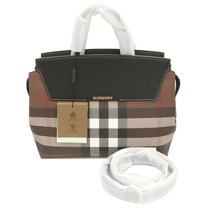 【栄】バーバリー バッグ トップハンドル ロゴチェックパターン 8061800 茶 キャンバス レザー 女性 2WAY 袋 箱 新品