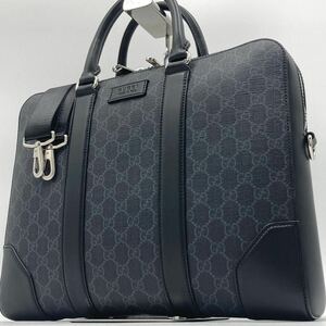 1円【現行 未使用級 極美品】グッチGUCCI 2wayビジネスバッグ ショルダーバッグ GGスプリーム PVC レザー 総柄 A4 肩掛け トート メンズ 黒