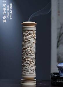 天然マンモス牙美しい手作り彫刻一鷺蓮昇香筒