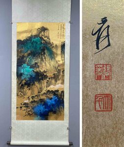 ■観心・時代旧蔵■C3417中国古書画 張大千 溌墨山水 金箋紙本 掛け軸 書画立軸 水墨中国画巻物 肉筆逸品 肉筆保証品