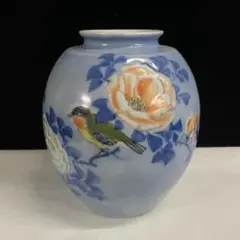 【随心堂】古伊万里　福　青釉高浮彫　薔薇絵　鳥文花瓶　花生け　壺　時代物　B8