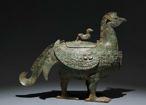 【清】某有名収集家買取品 中国・戦国時代 青銅器 獣面文三足鳥尊 極細工 古置物 古擺件 中国古美術 唐物古董品