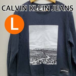 CALVIN KLEIN JEANS カルバンクラインジーンズ トレーナー パーカー スウェット 長袖 ネイビー系 メンズ Lサイズ【CT48】