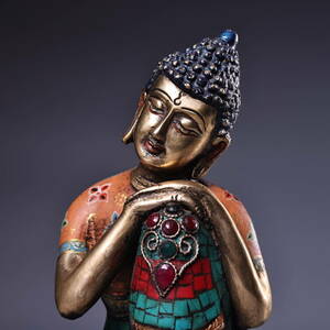 唐物 清代 チベット仏教 古銅彫 嵌寶石 自在仏 釈迦牟尼 釈迦 配老木頭盒 時代物 仏像 仏教古美術 供養品 置物 NW99