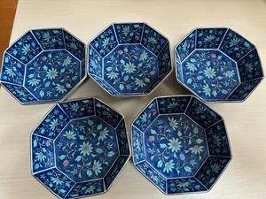 小鉢　5客　枚　セット　八角形　青緑　ブルー　グリーン　和食器　幸山窯　白　皿　小皿　11ｃｍ　12ｃｍ　唐草　藍