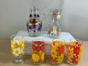 ◆GB69【昭和レトロ】ガラス食器 6点まとめ　水差し、グラス　ポップ 花柄　かわいい　ADERIA GLASS 他◆