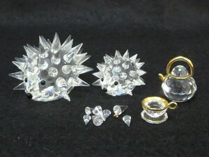 1000円スタート 置物 4点まとめ SWAROVSKI スワロフスキー ハリネズミ/ティーポット/カップ 破損有 オブジェ インテリア 雑貨 3 ◯X60084