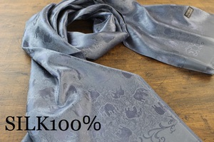 新品 薄手【シルク100% SILK】エレファント柄 象柄 ネイビー系グレー NAVY GRAY 大判 ストール/スカーフ 