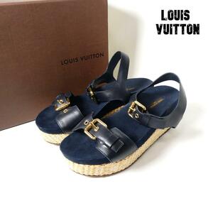美品 Louis Vuitton ルイヴィトン サイズ35.5 モノグラム アンクルストラップ ウェッジソール サンダル レザー スエード ネイビー ブラック