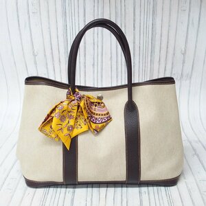 m001 F 美品 エルメス ガーデンパーティPM 純正ツイリースカーフ付 □H トートバッグ トワルアッシュ レザー HERMES GARDENPARTY