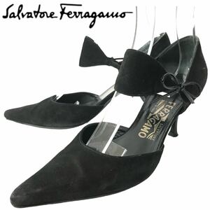 k32 Salvatore Ferragamo サルヴァトーレフェラガモ スエードレザー パンプス リボン ハイヒール フォーマル ビジネス ブラック 6 正規品