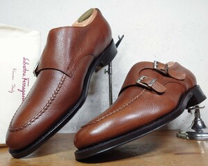 【未使用/純正ツリー付】ITALY製 Salvatore Ferragamo/フェラガモ 最上級 TRAMEZZA ダブルモンクストラップ 61/2EE 24.5cm相応 茶/santoni