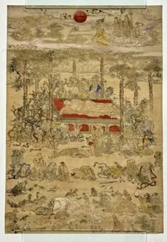 彩色刷り「釈迦涅槃図」木版 1枚|仏教 和本 古典籍 仏陀 仏教美術 浮世絵