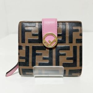 F IS FENDI フェンディ 二つ折り ミニ財布 エンボスロゴ ピンク 中古 