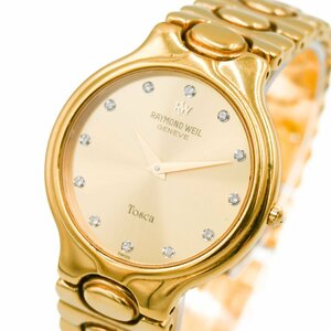 1円 稼働 RAYMOND WEIL レイモンドウィル TOSCA トスカ QZ 9141-2 石付き 18K GOLD ELECTROPLATED 金文字盤 メンズ 腕時計 32520240416