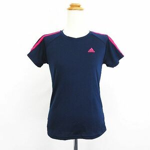 アディダス adidas Tシャツ カットソー 半袖 クルーネック ライン ロゴ S ネイビー×ピンク スポーツウェア ※EKM レディース