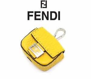 10万新品◆FENDI◆フェンディ カーフレザー バッグモチーフイヤホンホルダーケース チャーム 黄 1円