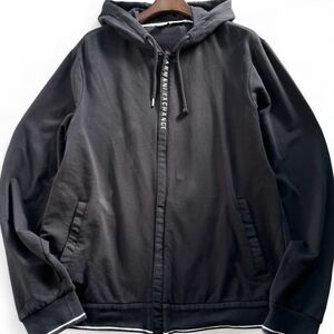 美品■ARMANI EXCHANGE アルマーニ エクスチェンジ L 大きいサイズ ジップアップ パーカー ブルゾン フーディ テープロゴ ブラック 黒