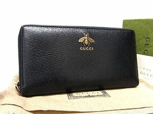 1円 ■美品■ GUCCI グッチ 523677 レザー ビー 蜂 ラウンドファスナー 長財布 ウォレット レディース メンズ ブラック系 AW5845