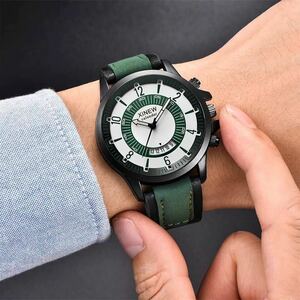 腕時計　時計　日付　ツートン アナログ メンズ クォーツ 高品質 レザー ベルト　革　カレンダー　オシャレ ウォッチ ブラックグリーン　2