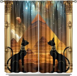 ミステリアス窓カーテン古代エジプト黒猫と貴石神話ピラミッド星空ムーンプリントカーテン2枚ペアセットインテリア輸入品
