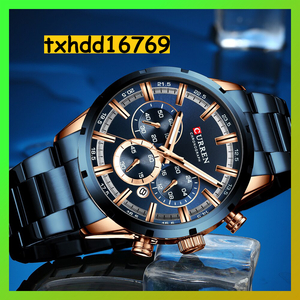 海外人気ブランド CURREN クォーツ腕時計 防水 クロノグラフ ブルー メンズ高品質腕時計 R006
