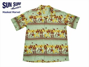 サンサーフ SUN SURF Masked Marvel SS38474「NIGHT IN HARLEM」綿麻 ホップサック ハワイアン 半袖オープンシャツ ブルーM新