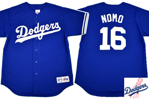 Y-4437★美品★MLB 公式 Dodgers NOMO ロサンゼルス ドジャーズ 野茂英雄★Majestic アメリカ USA製 ユニフォーム ベースボールシャツ Ｍ