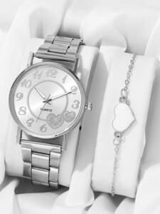 腕時計 レディース セット 1個の女性シルバー亜鉛合金ストラップビジネスラウンドダイヤルクォーツ時計& 1個のブレスレット、日常生
