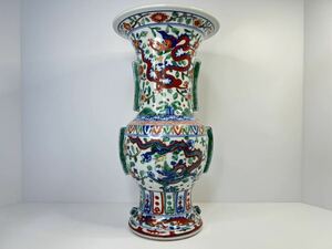 中国古美術 明時代 色絵 五彩 龍花瓶 花瓶 時代物 中国古玩 唐物 花器 色絵 古美術 古物保証 在銘 大明萬暦年製 