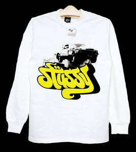 超爆レア希少！新品タグ付き！STUSSY オールドステューシー/米国製/90,s紺タグ/フォトグラフィックロゴ＆ドクロ/ロングTシャツ M 白