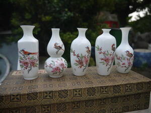【H30719】中国　景徳鎮製　薄胎粉彩　花鳥文　小瓶　5客セット