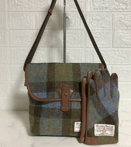 no21128 Harris Tweed ハリスツイード グローブ付 ウール レザー 斜め掛けショルダー バッグ ポシェット ☆