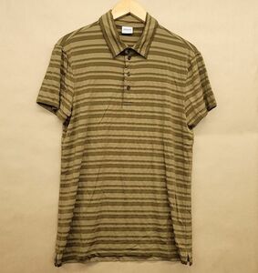 261411【Lサイズ】良品 ARMANI COLLEZIONI ビスコース ストレッチ 半袖 ポロ シャツ カーキ ボーダー アルマーニコレッツォーニ▲