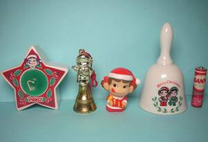 クリスマス サンタクロース ペコちゃん ミニ・ソフビ人形 陶製星型キャンドル・スタンド　陶器、金属製クリスマス・ベル 4点セット