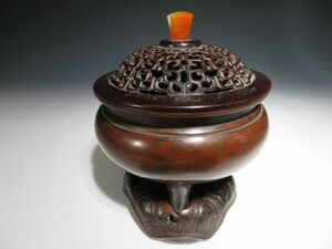 ◯中国美術◯唐物　銅製香炉　唐木蓋　唐木台　摘まみ瑪瑙◯
